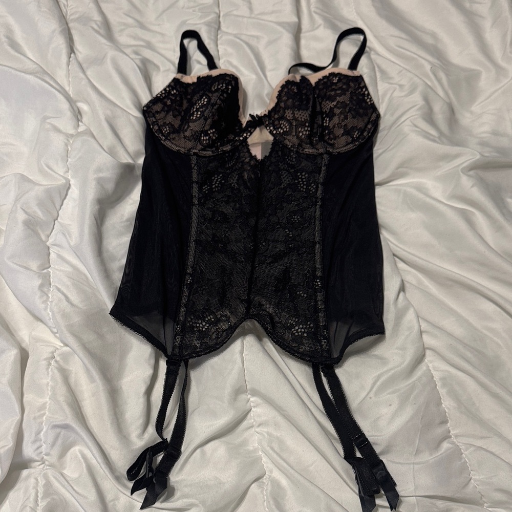 Victoria's Secret Black Basque Bustier with Nude Trim